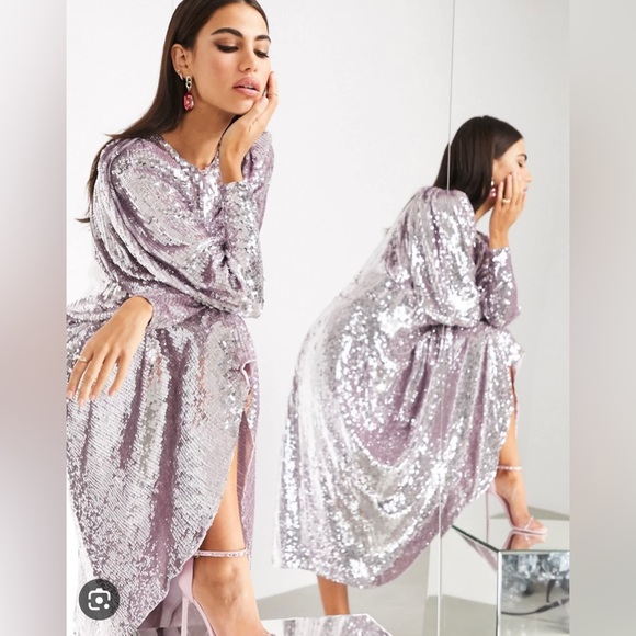 ASOS EDITION BLOUSON SLEEVE SEQUIN MIDI DRESS IN LILAC - Picture 2 of 5